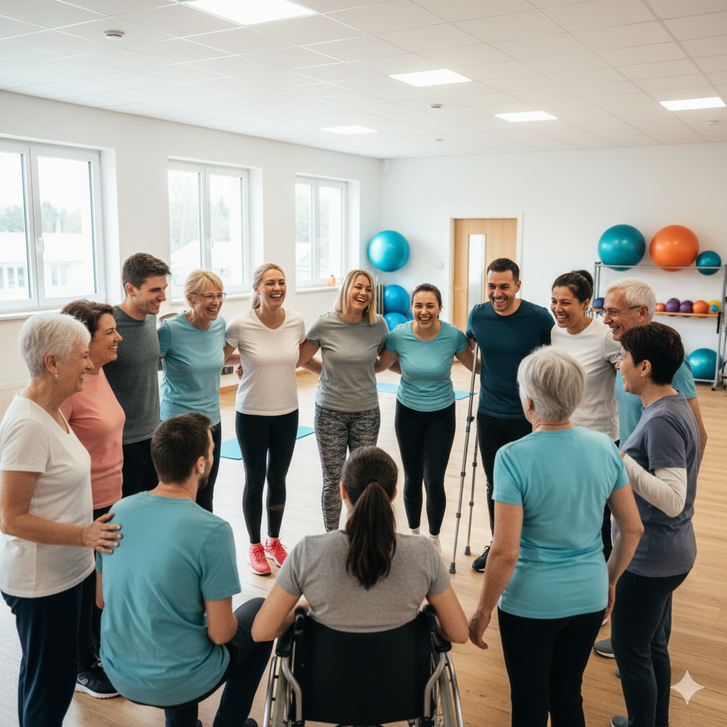 Eine diverse Gruppe von Menschen lacht zusammen